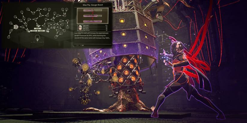 Scarlet Nexus - Kasane Using Psychkinesis Against A Massive Boss With The Psy Gauge Boost 1 Brain Map Skill Overlaid On Top