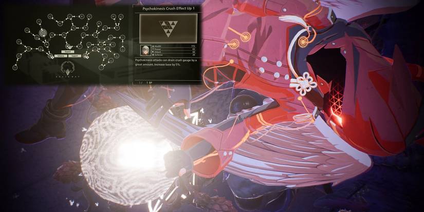 Scarlet Nexus - Psychokinesis Crush Effect Up 1 Brain Map Skill Overlaid On An Image Of Kasane Doing A Brain Crush On An Enemy