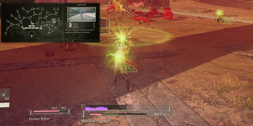 Scarlet Nexus - The Brain Map Skill Quick Item Overlaid On Top Of An Image Of Kasane Healing