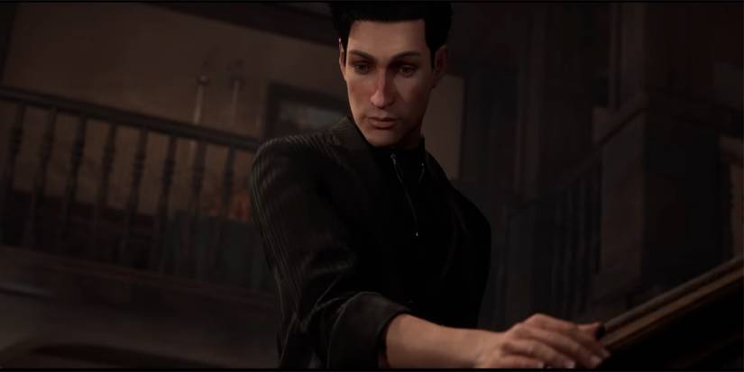 Sherlock Holmes runs his hand on a banister