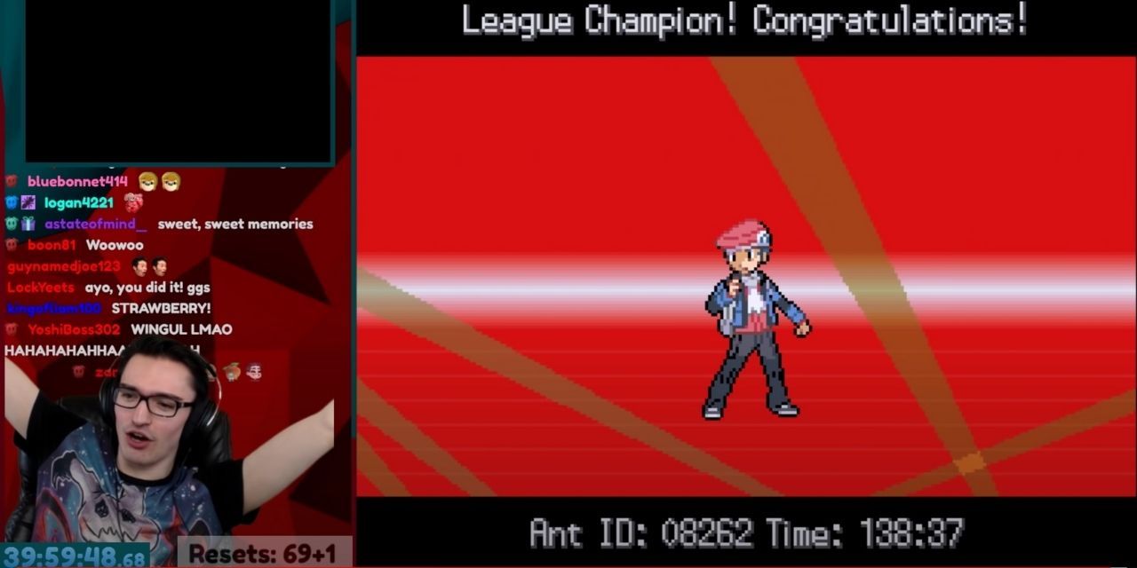 A picture of a streamer in the bottom left celebrating a win at the Pokemon League