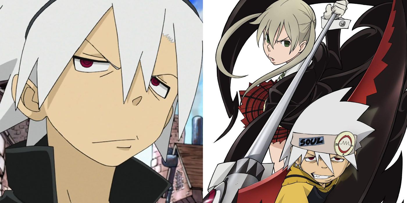 Soul Evans alongside a picture of Maester Mika and his Scythe Form - Soul Eater Best Demon Weapons