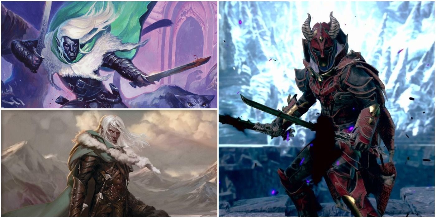 Split image of Drizzt in different armor sets
