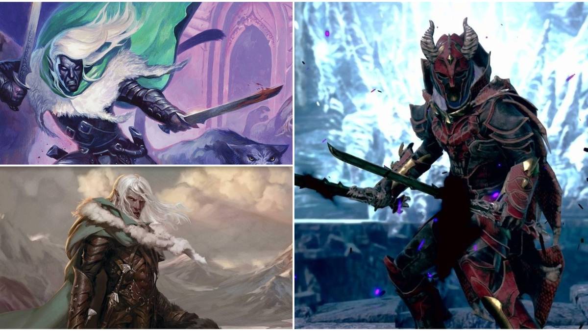Split image of Drizzt in different armor sets