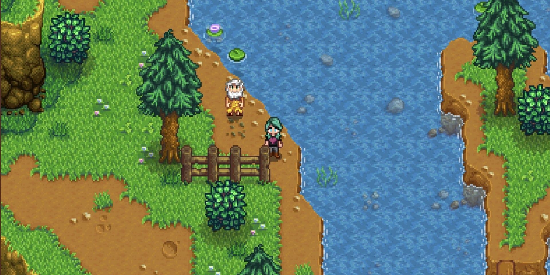 Linus standing by the river in Stardew Valley