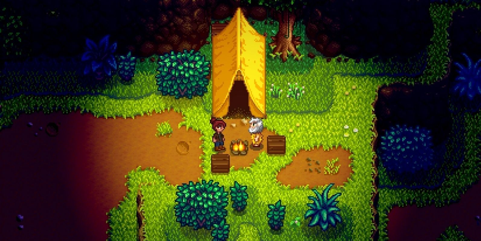 Linus and the player chatting at his tent in Stardew Valley