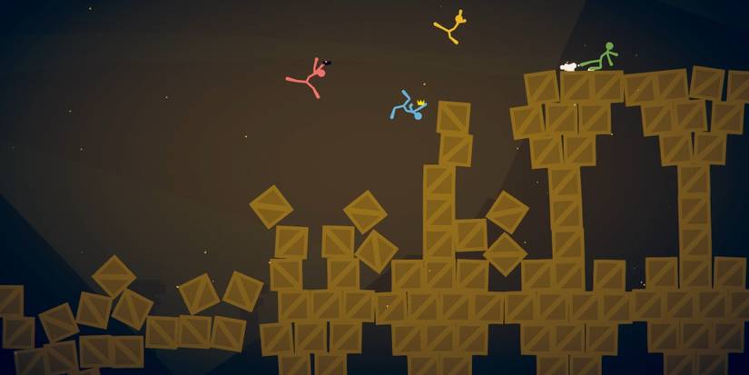 Collapsing boxes and four stick figures in Stick Fight