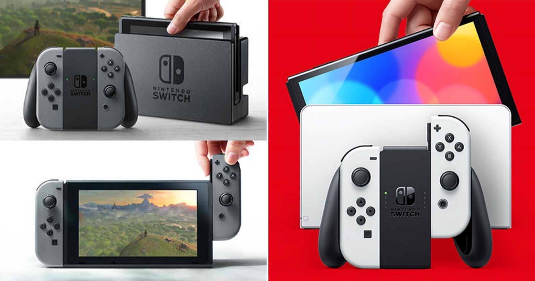 A split screen of the original Switch and the OLED model