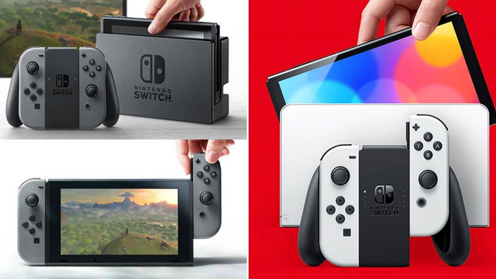 A split screen of the original Switch and the OLED model