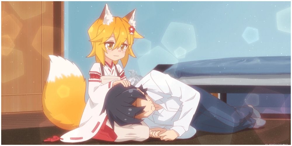 A fox girl petting a man's head.