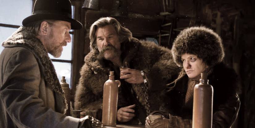 Tim Roth, Kurt Russell, and Jennifer Jason Leigh in The Hateful Eight
