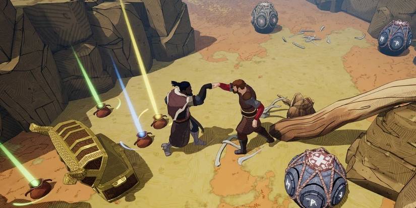 Tribes of Midgard players collecting chest items and performing emotes