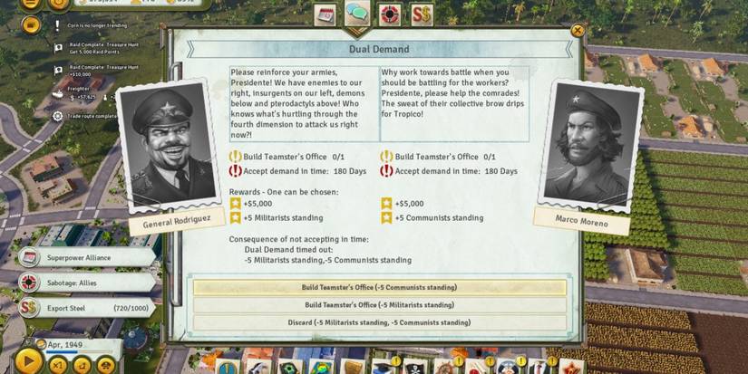 Dual demand between Communists and Militarists from Tropico 6