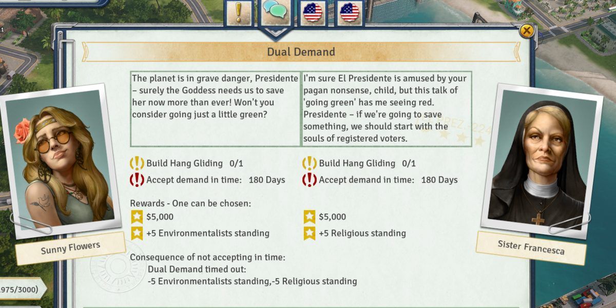 Dual demand between Religiou s and Environmentalists from Tropico 6
