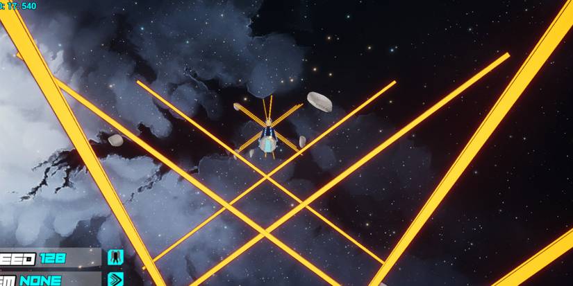 Lasers shoot from the sky towards the figure