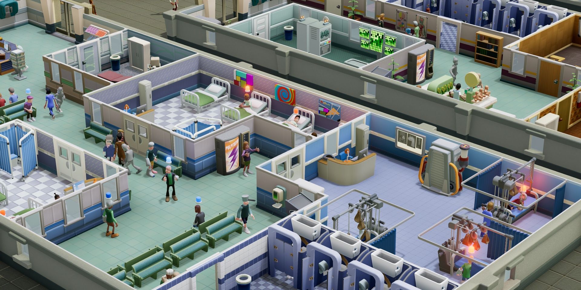 Overhead shot of Hospital with several rooms from Two Point Hospital