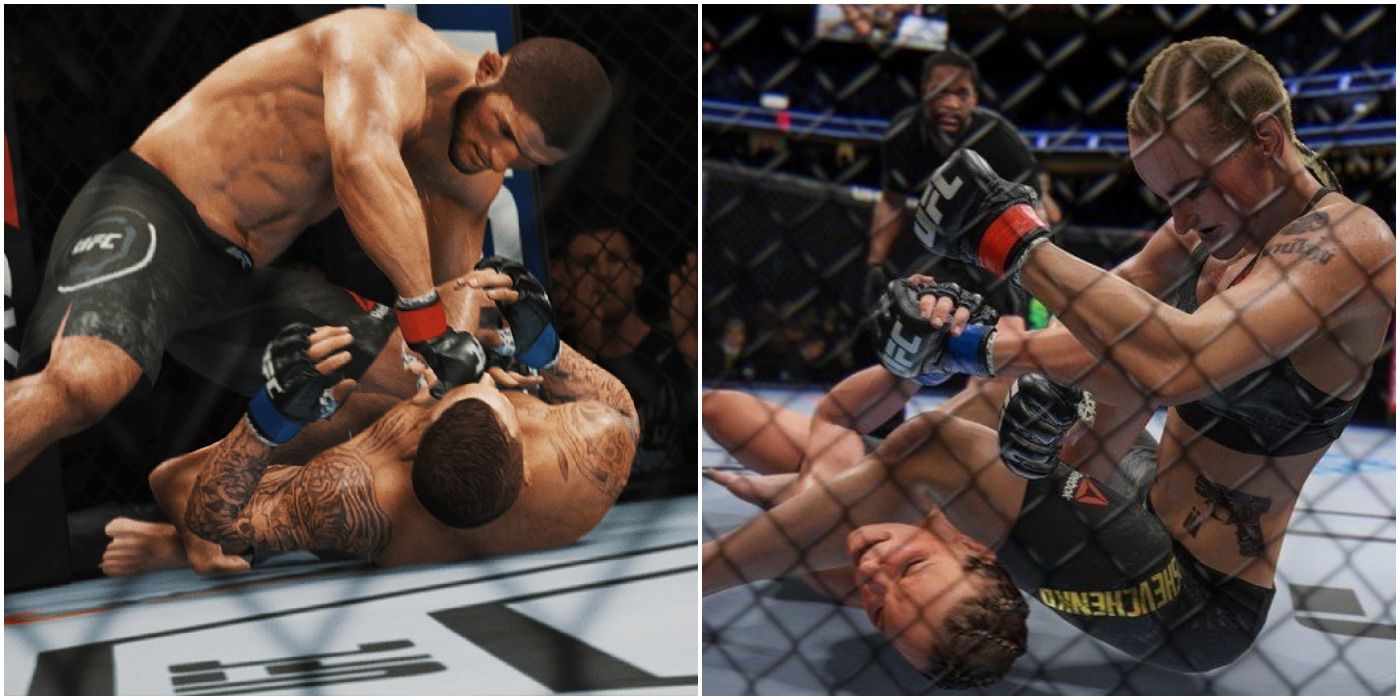 (Left) Khabib on top of an opponent (Right) Shevchenko submitting an opponent