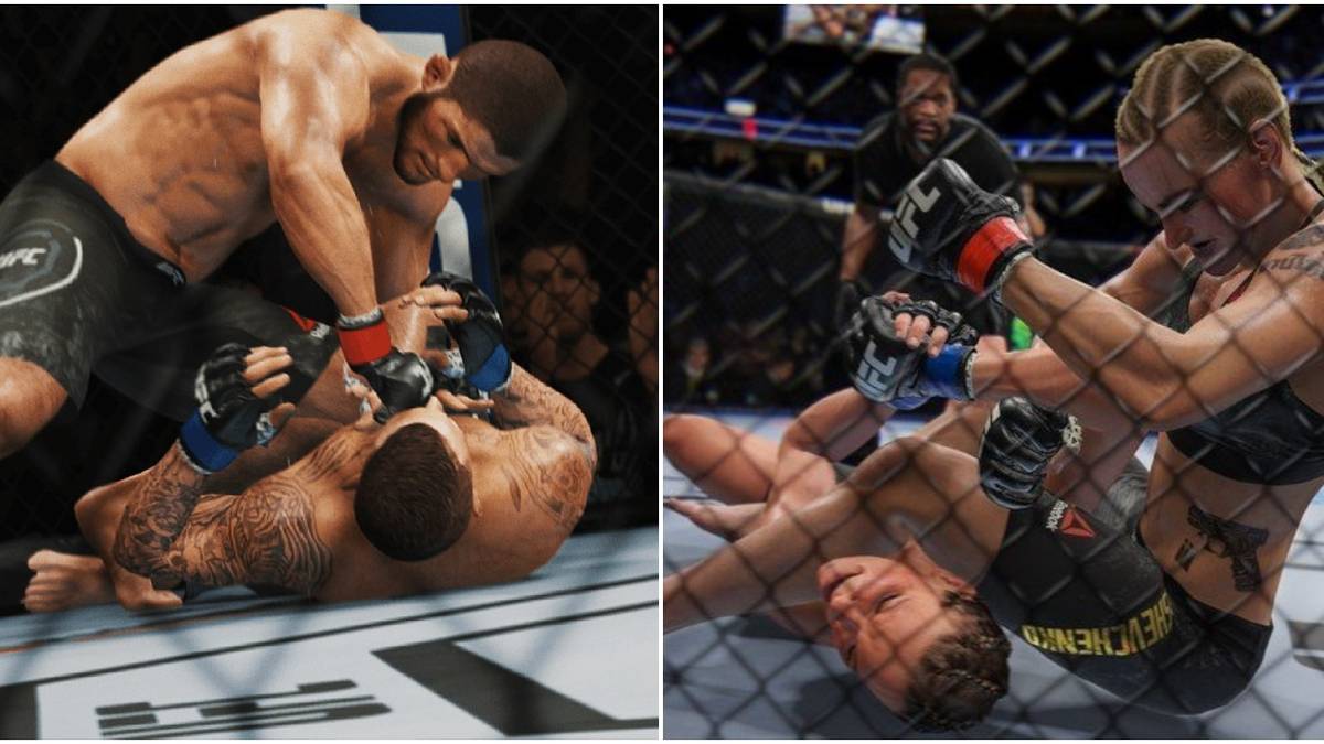 (Left) Khabib on top of an opponent (Right) Shevchenko submitting an opponent