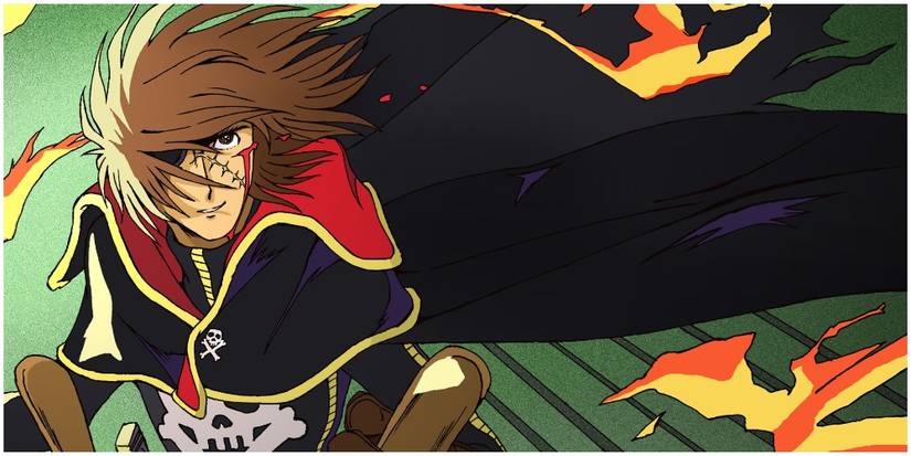 A pirate captain with his ship slightly on fire