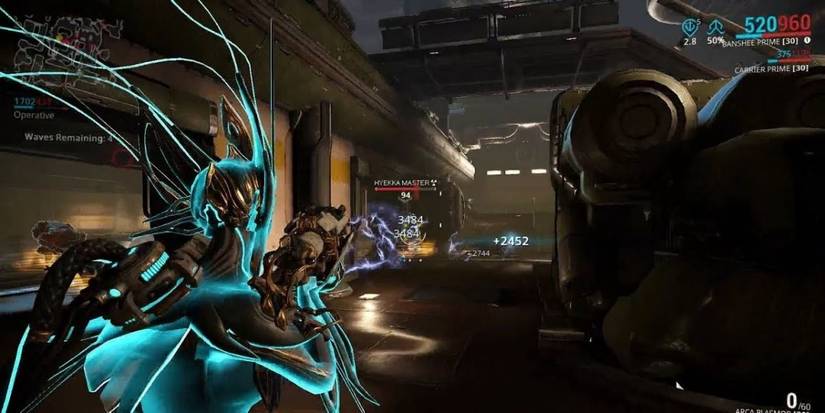 Warframe Banshee aiming down sight in defense mission