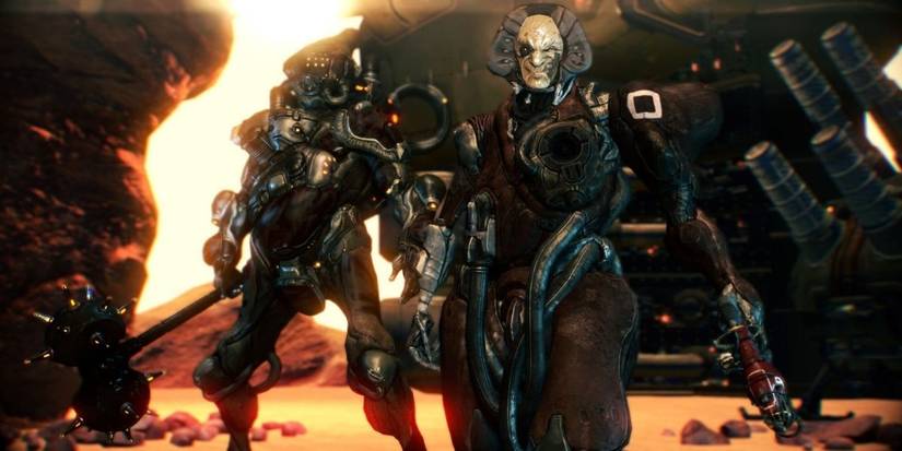 Lech Kril and Vor bosses Stand before open flames