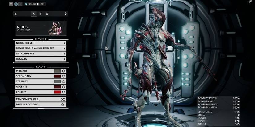 Warframe Nidus character select screen