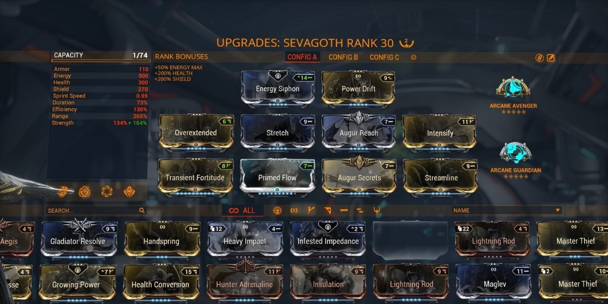 Warframe Sevagoth build menu screen