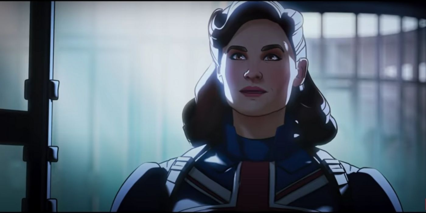 Screenshot of Peggy Carter wearing a suit with a British flag from the What If trailer