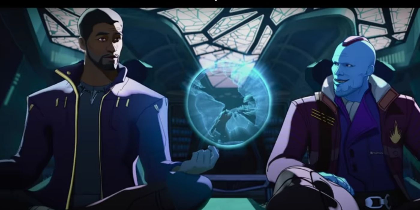 A screenshot of T'Challa sitting in a space ship with Yondu from the What If trailer