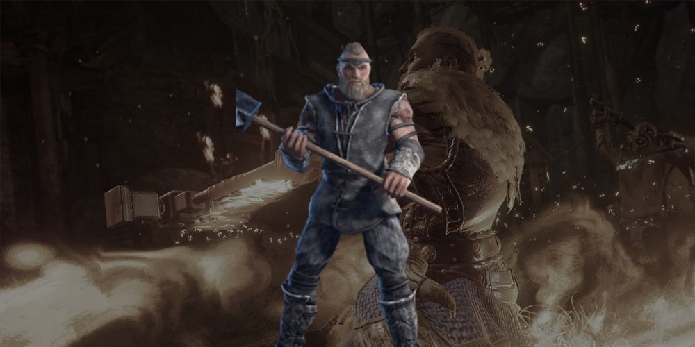 Wulfgar and the Flag Bearer Warhammer while wearing its core set - Dark Alliance Best Wulfgar Weapons