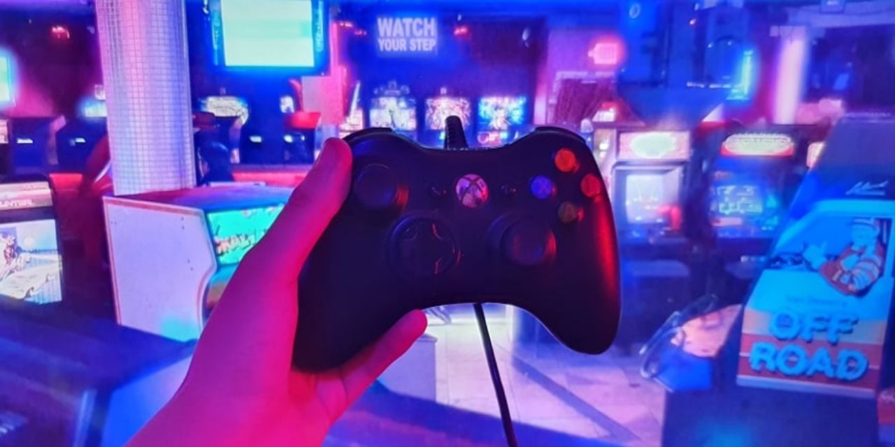 Xbox One controller an arcade background