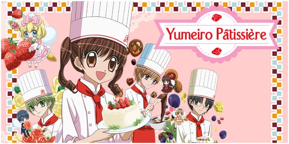 A young girl holding a cake surrounded by young male chefs in Yumeiro Patissiere.