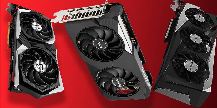 A picture of the some AMD Radeon 6600 XT GPUs on a red background.