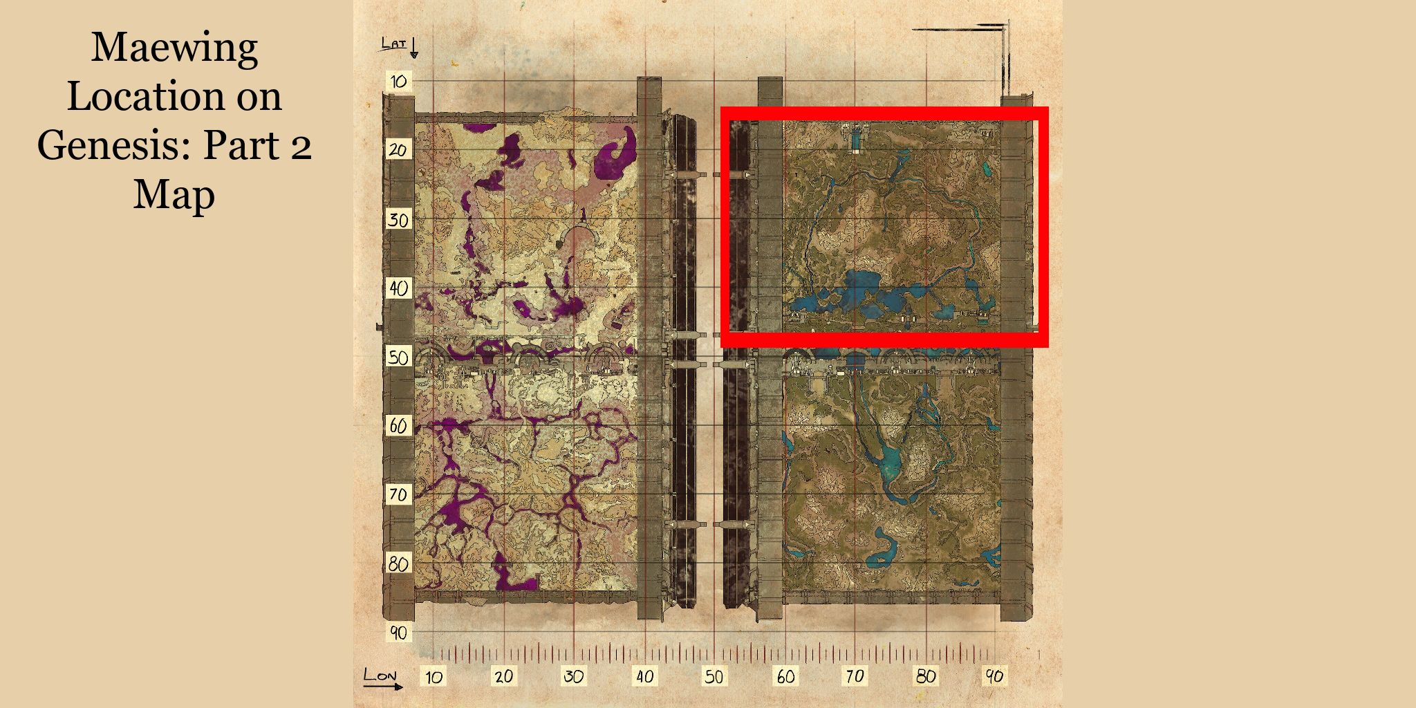 red box showing where maewings can be found on the map.