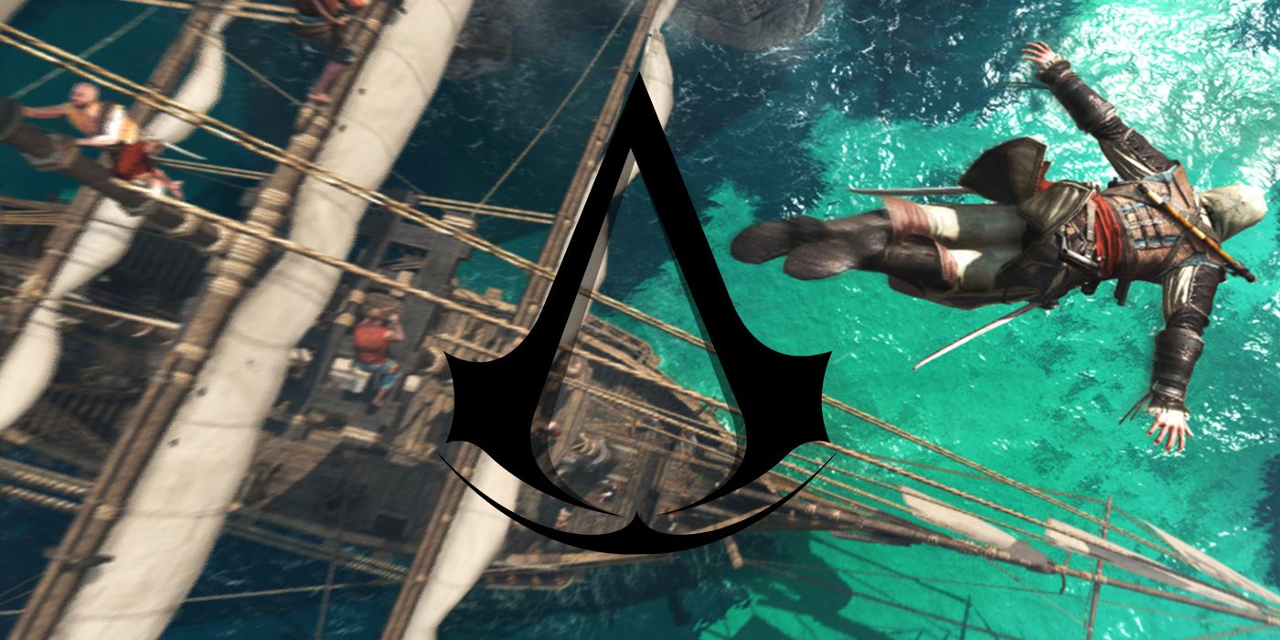 Edward Kenway jumping from ship with AC logo