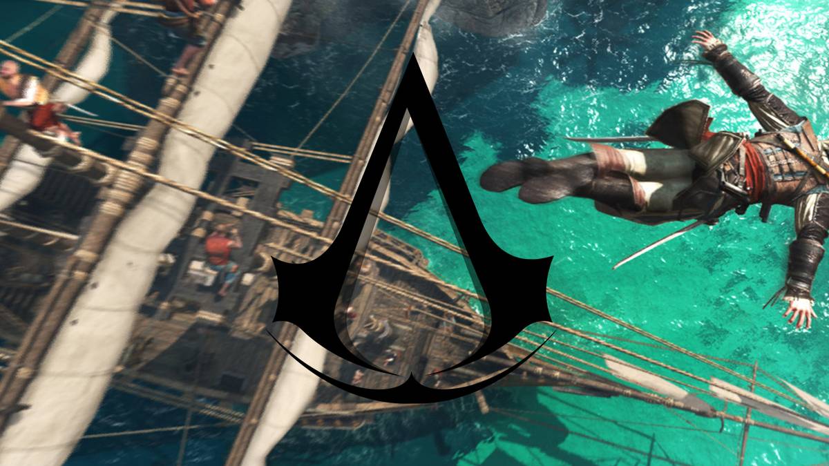 Edward Kenway jumping from ship with AC logo
