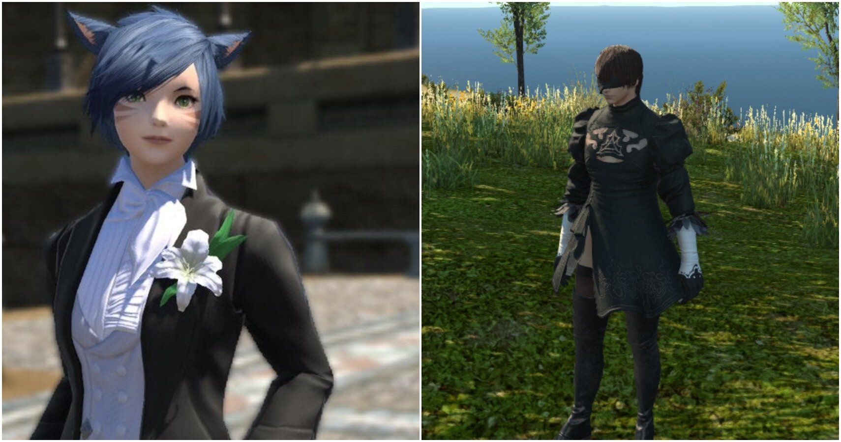 Split image of catgirl and man wearing 2B clothes.