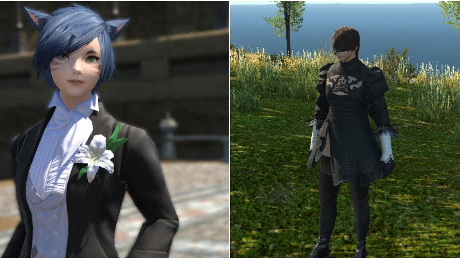 Split image of catgirl and man wearing 2B clothes.