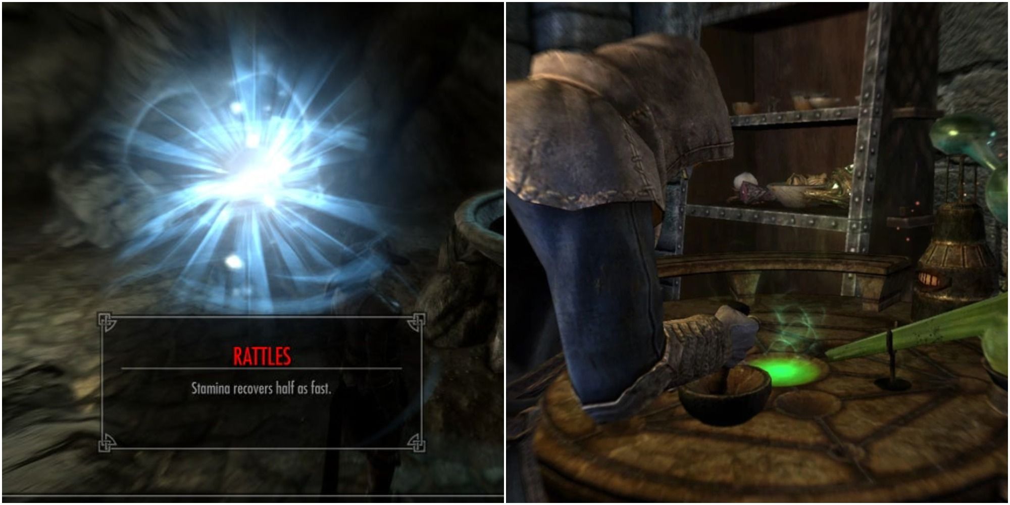 Left: rattles in Active Effects menu; right: player crafting a potion