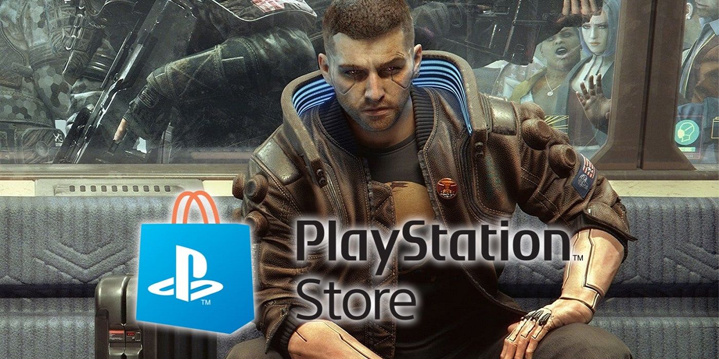 Cyberpunk 2077 avatar seen sitting down down and holding a gun with the PlayStation Store logo in front of him.