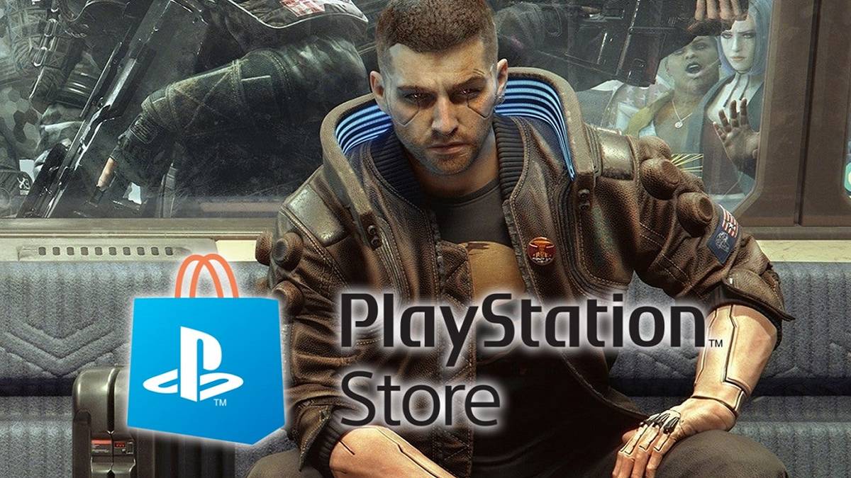 Cyberpunk 2077 avatar seen sitting down down and holding a gun with the PlayStation Store logo in front of him.