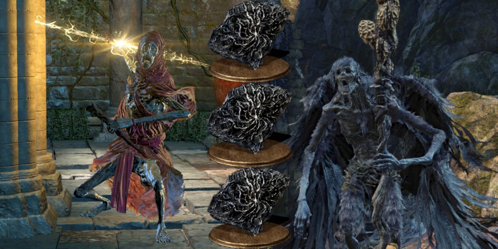 ringed city slave and corvian storyteller enemies with hollow gem icons in the middle.