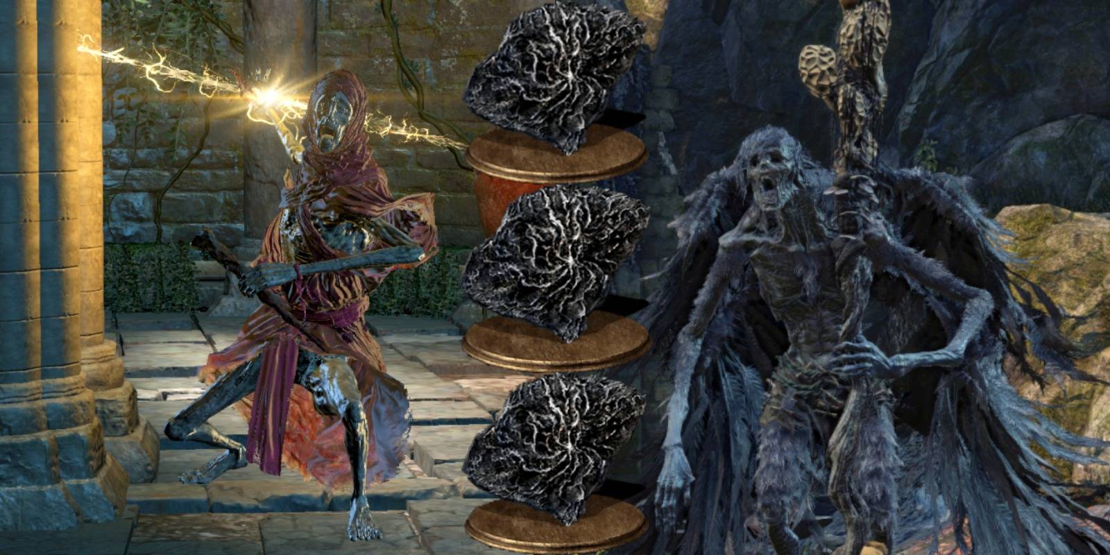 ringed city slave and corvian storyteller enemies with hollow gem icons in the middle.