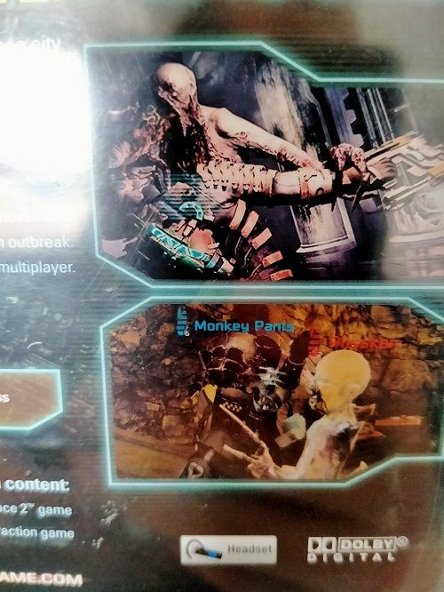 Screenshot from the back of the Dead Space 2 box showing the words "monkey pants".