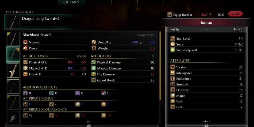 the blueblood sword's stats.