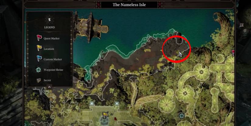 red circle showing where a cave is.