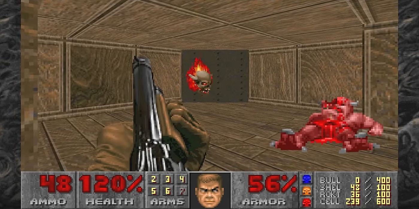 Скриншот игрового процесса Doom, показывающий стрельбу из дробовика по горящему черепу
