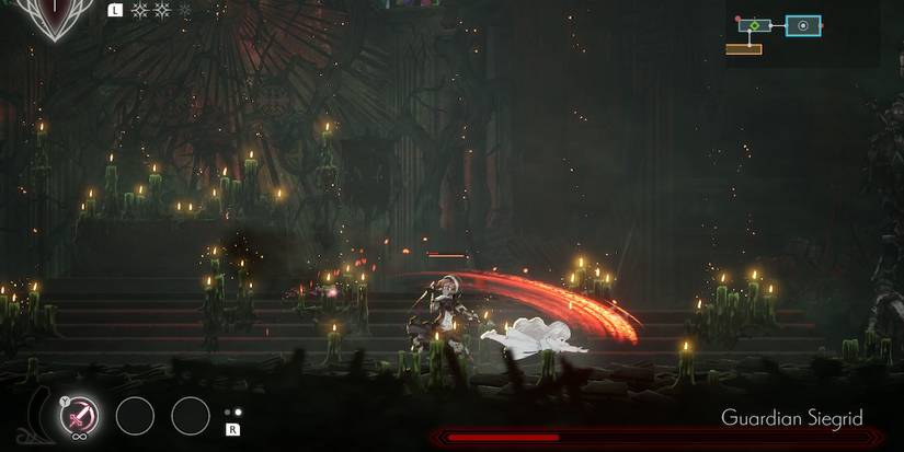 player dodging past the boss's horizontal swing attack.