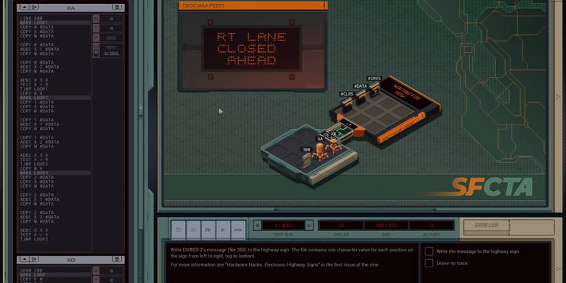 exapunks, roadside sign program, coding, robot in arena