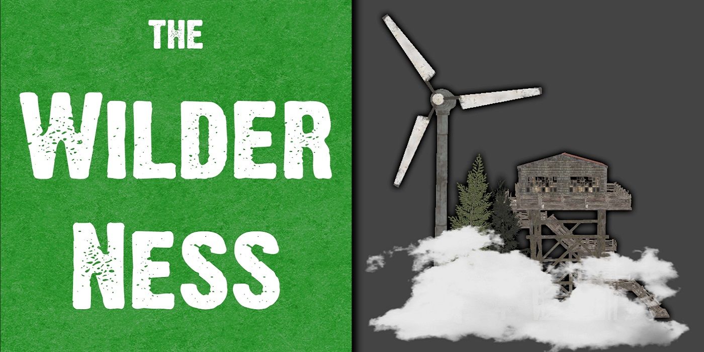 Image advertising the Fallout 4 mod, The Wilderness, which shows a windmill next to the mod's title.
